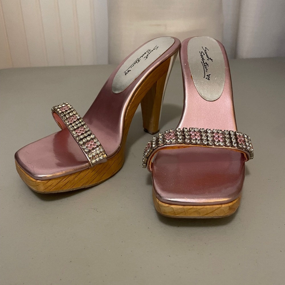 Sweet Seventeen Pink and Silver Rhinestone Toe Strap Open Back Heels Size 8